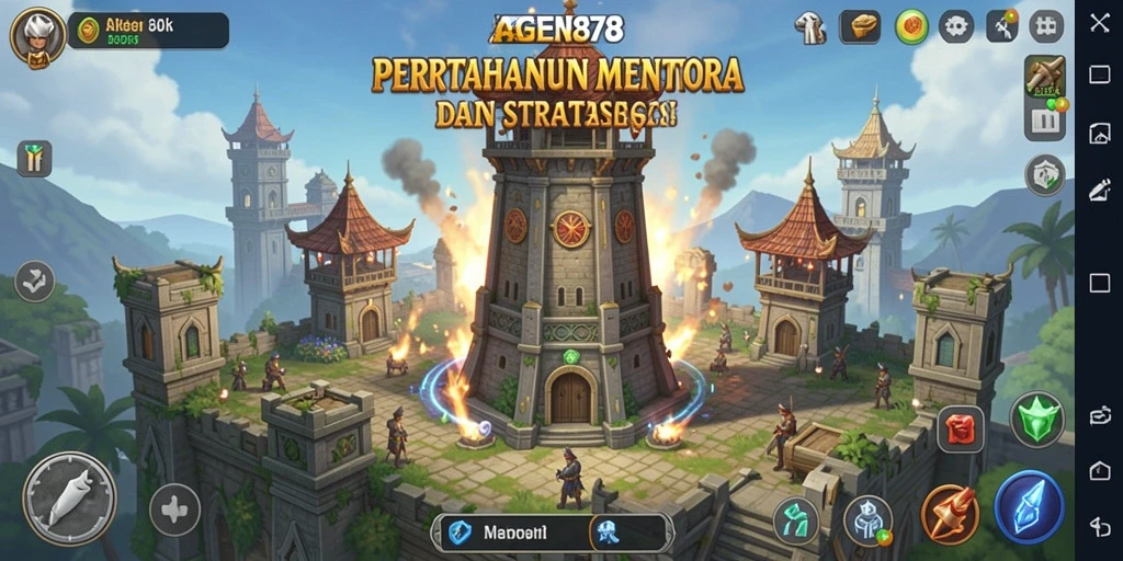 Tangkapan layar gameplay menarik dari AGEN878 yang menunjukkan menara dan musuh.