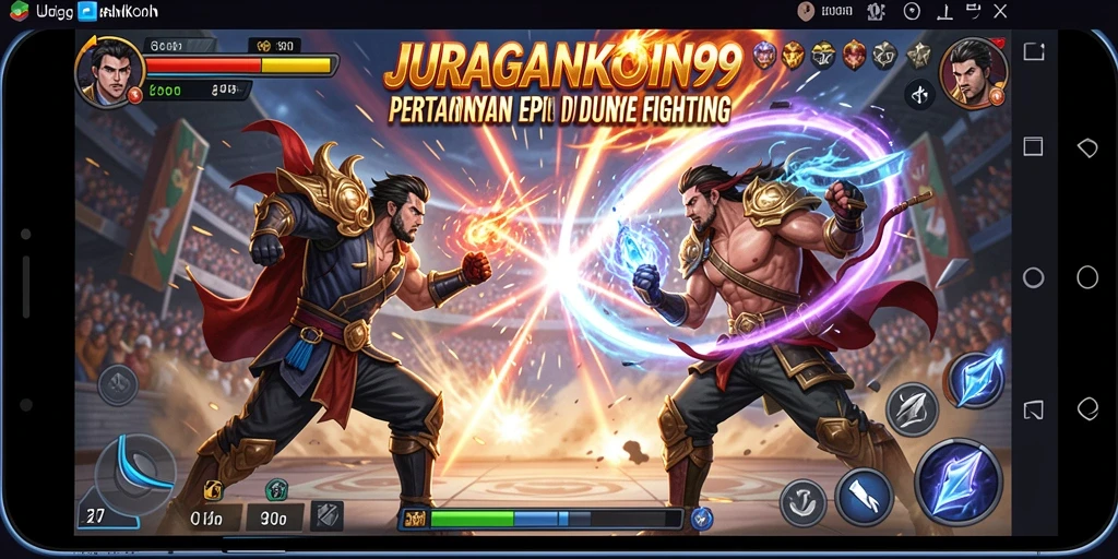 Screenshot utama JURAGANKOIN99 menampilkan aksi pertarungan mendebarkan di arena.