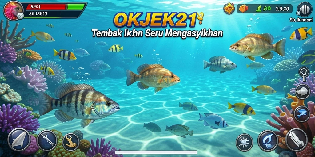 Screenshot gameplay OKJEK21 saat menembak ikan dengan berbagai senjata.