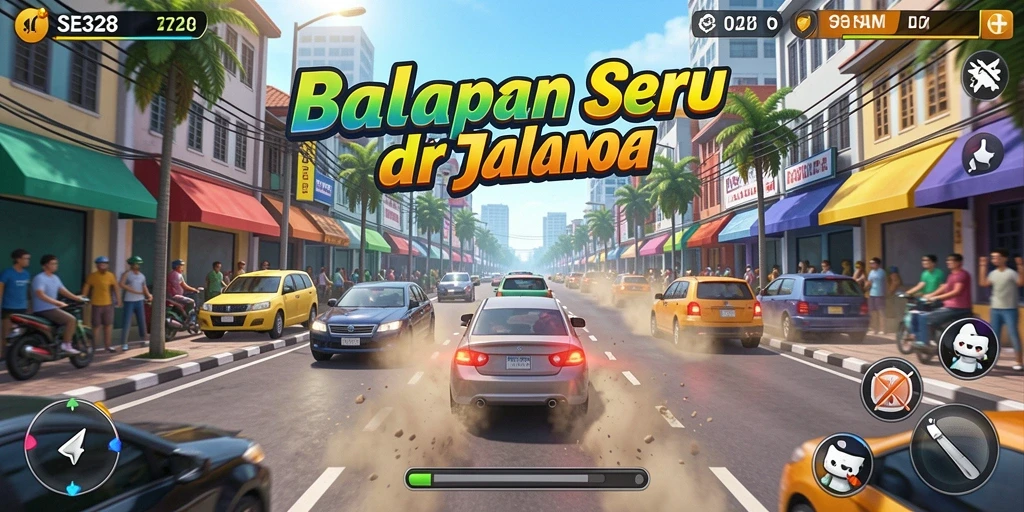 Screenshot SE328 menunjukkan aksi balap yang mendebarkan dan mobil yang menakjubkan.